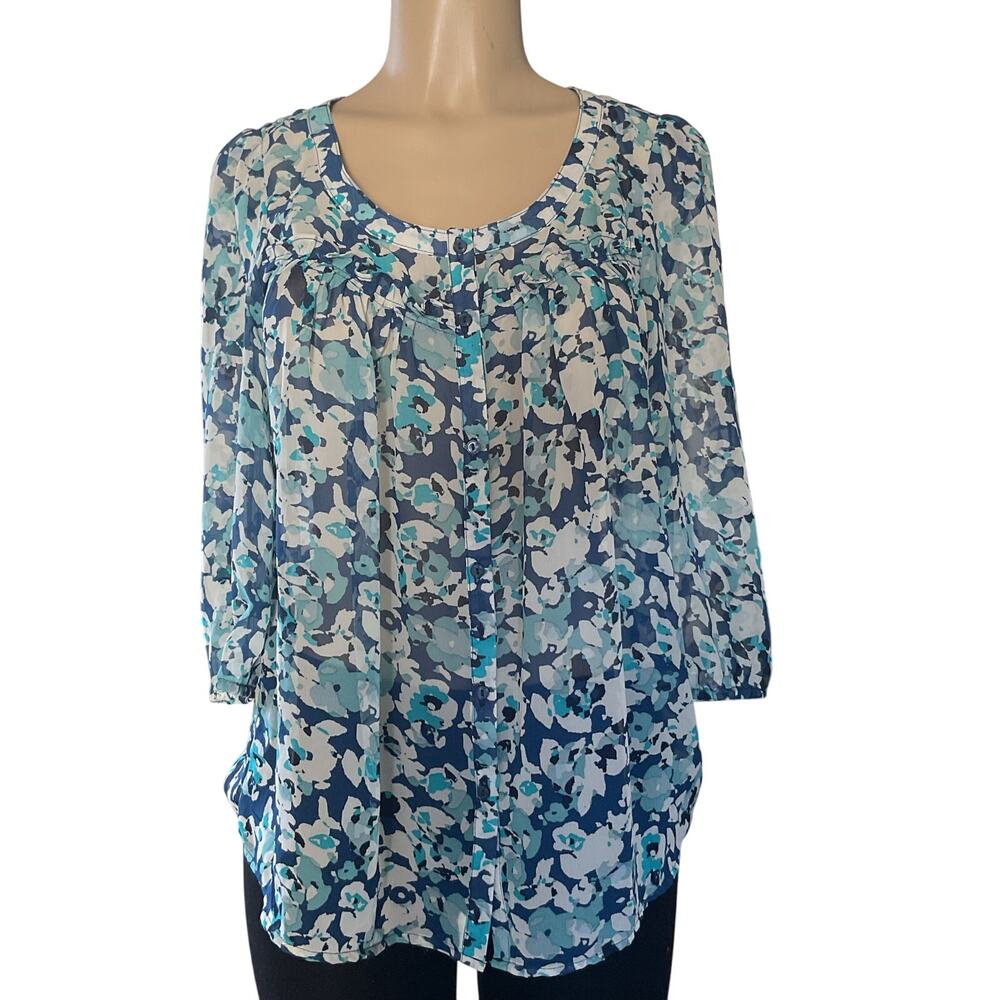 ELLE Blue Floral Chiffon Blouse Women Size M Sheer Button Front 3/4 Sleeve